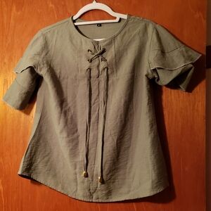 EUC Olive Lace-Up Ruffle Sleeve Blouse
